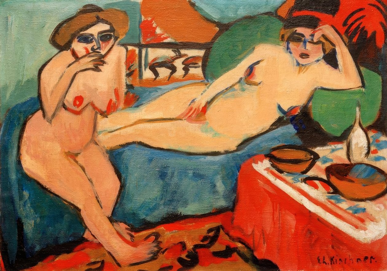 Zwei Akte auf blauem Sofa von Ernst Ludwig Kirchner