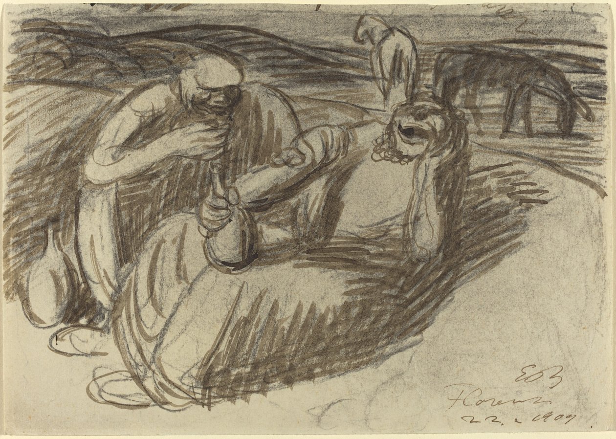 Italienische Bauern mit Weinflaschen von Ernst Barlach