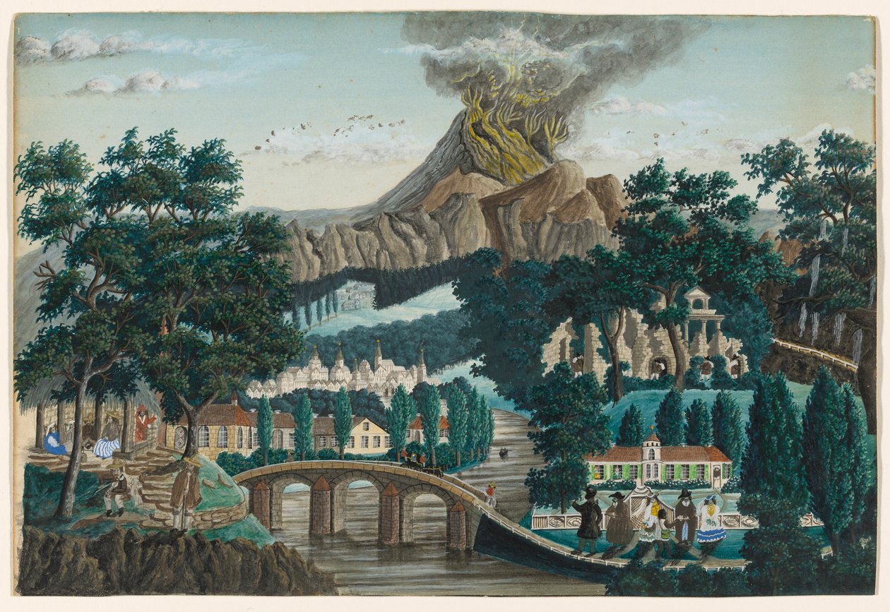 Landschaft mit ausbrechendem Vulkan, Brücke und Hochzeitsgesellschaft von Ernst Damitz