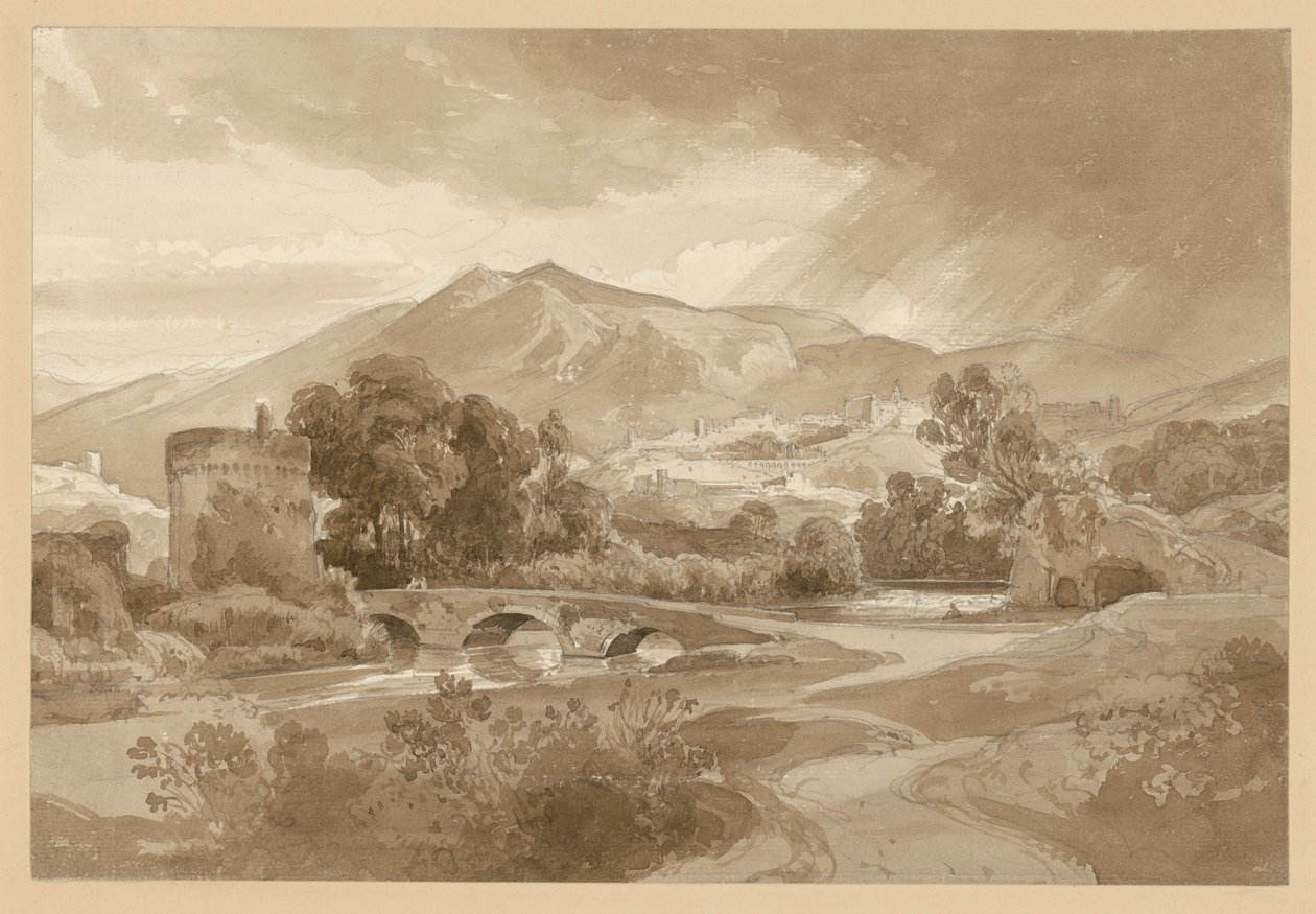 Blick auf Tivoli, vorn der Anio mit dem Ponte Lucano und dem Grabmal der Plautier von Ernst Fries
