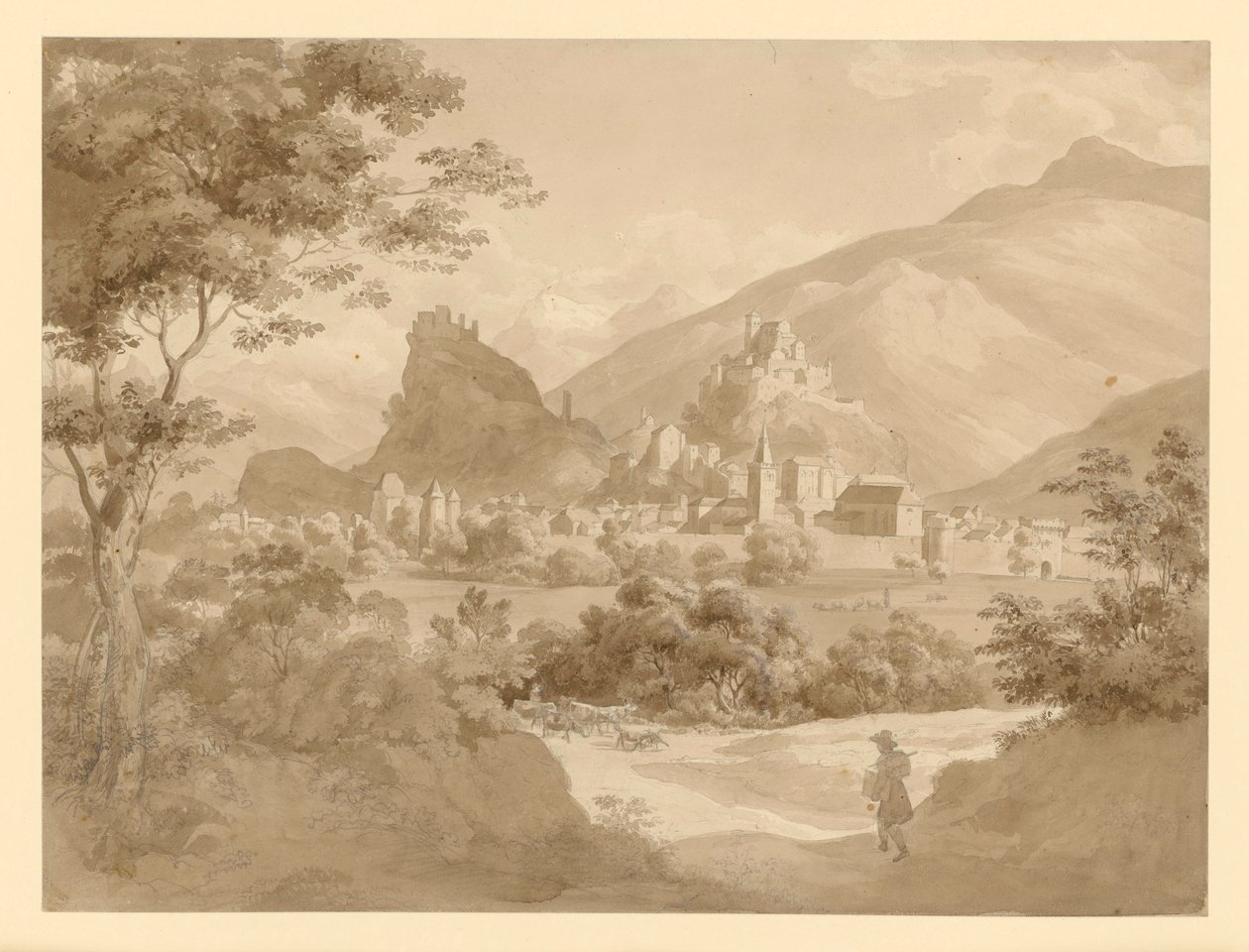 Blick auf eine kleine befestigte Stadt und zwei Burgen in Gebirgslandschaft, vorn ein Maler von Ernst Fries