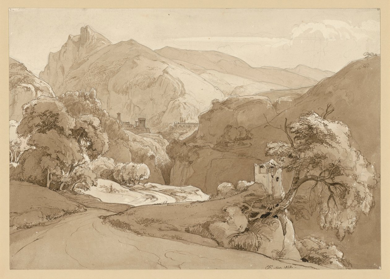 Italienische Gebirgslandschaft, im Mittelgrund Ruine eines Rundtempels von Ernst Fries