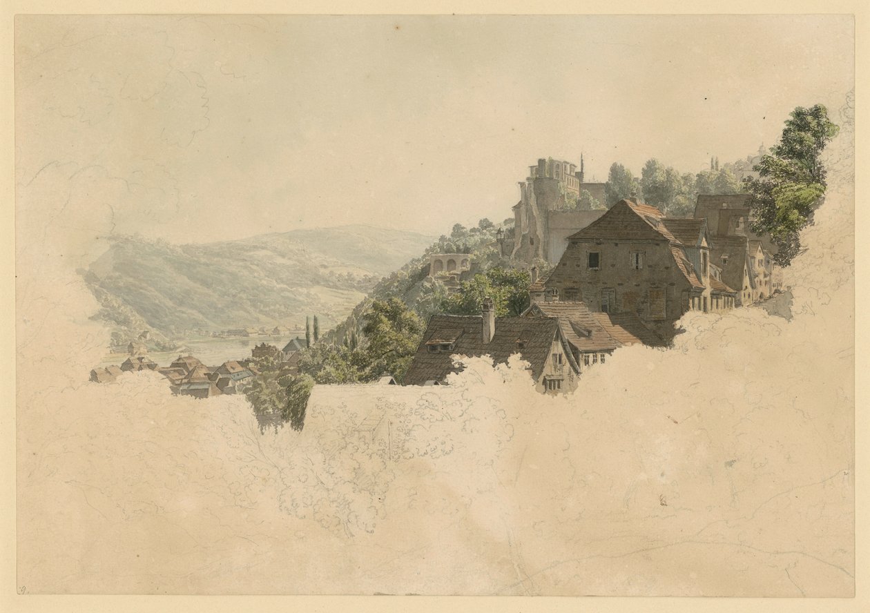 Landschaft mit Schloss und Häusern von Heidelberg von Ernst Fries