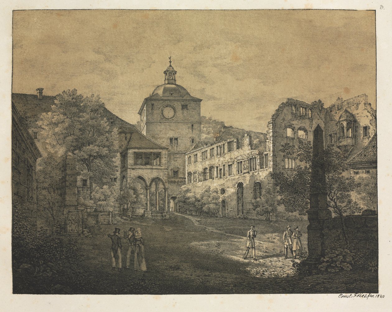 Sechs Ansichten des Heidelberger Schlosses: Schlossterrasse, 1820 von Ernst Fries