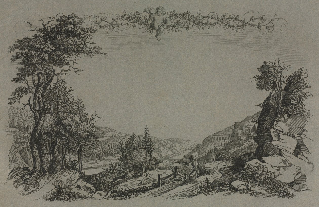 Sechs Ansichten des Heidelberger Schlosses: Umschlag, Jagdszene, 1820 von Ernst Fries
