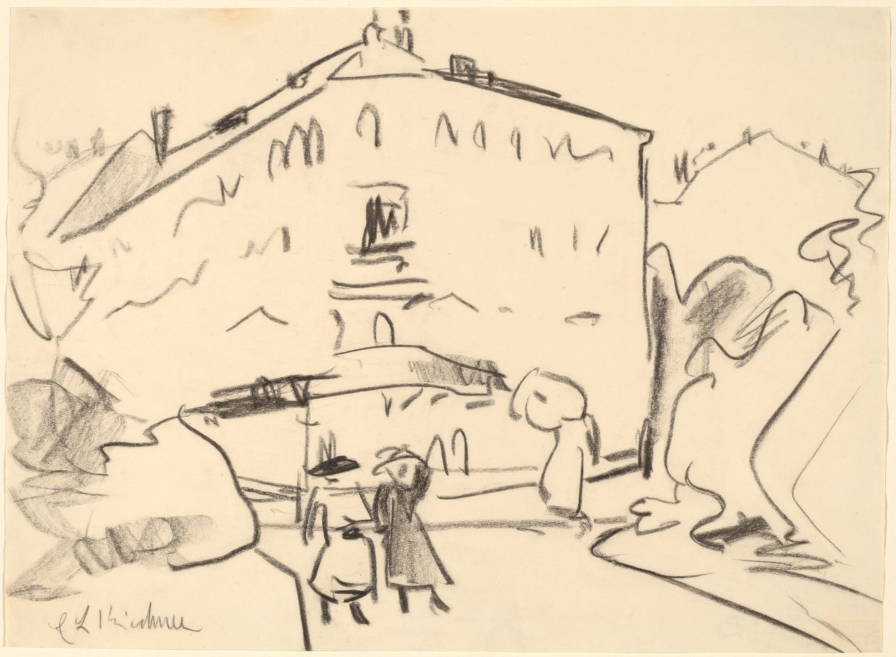 Häuser in Dresden mit spazierenden Menschen von Ernst Ludwig Kirchner