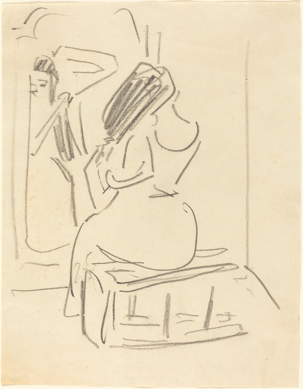 Eine Frau kämmt ihr Haar vor einem Spiegel von Ernst Ludwig Kirchner