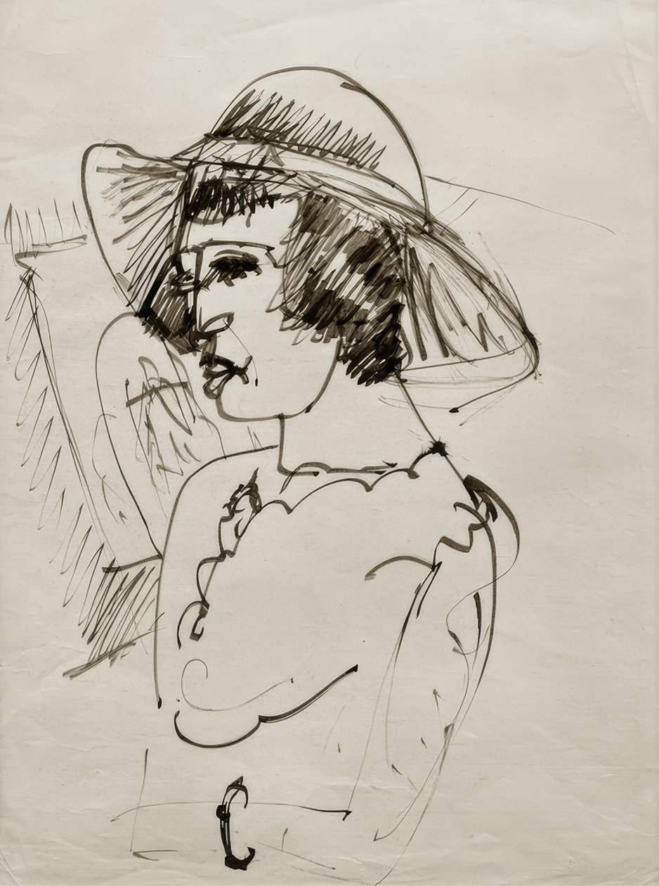 Porträt Erna mit großem Hut von Ernst Ludwig Kirchner