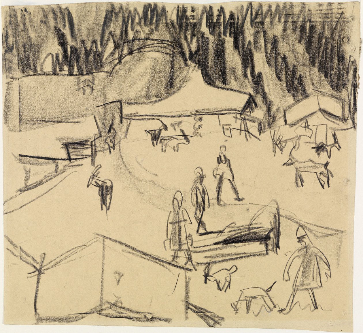 Gebirgsdorf (Staffelalp) mit Hirten und Ziegen von Ernst Ludwig Kirchner