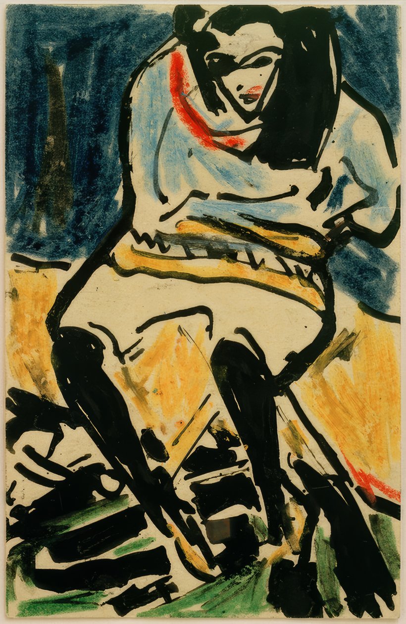 Postkarte an Erich Heckel vom 6.4.1910 (Marzella auf Klappstuhl) von Ernst Ludwig Kirchner