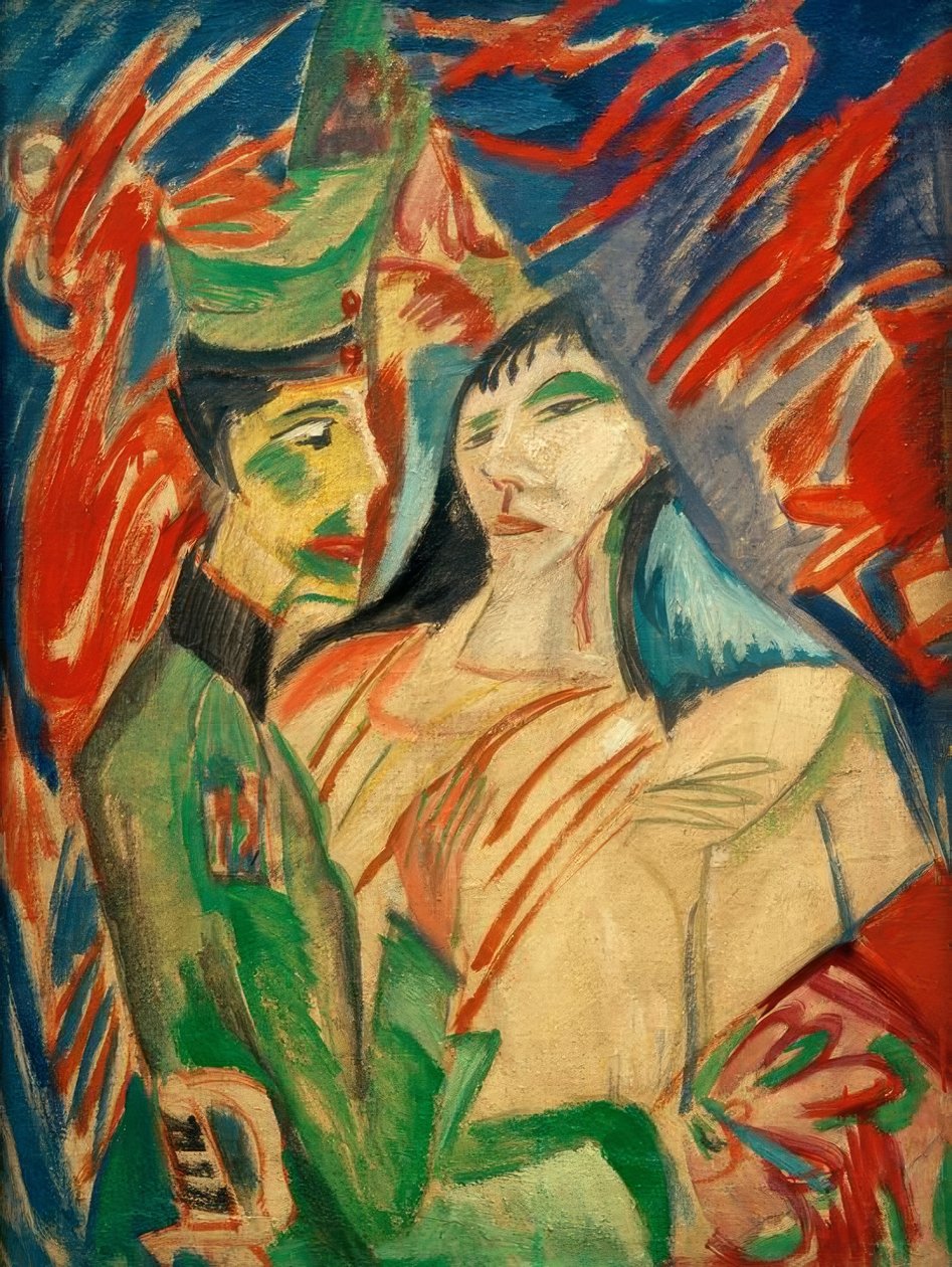 Soldat und Mädchen zwischen bunten Vorhängen von Ernst Ludwig Kirchner