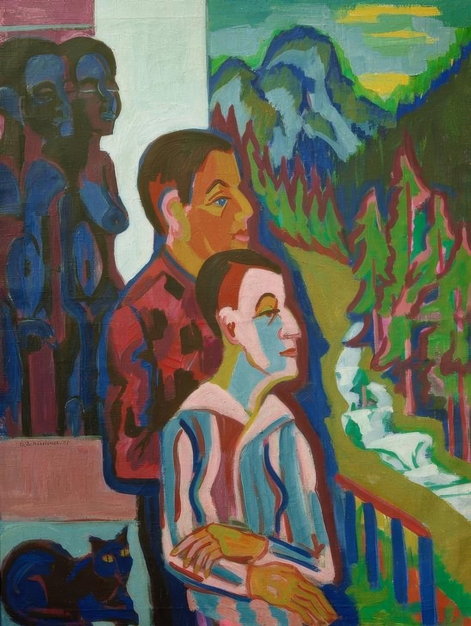 Vor Sonnenaufgang – Selbst mit Erna vor Wildbodenhaus von Ernst Ludwig Kirchner