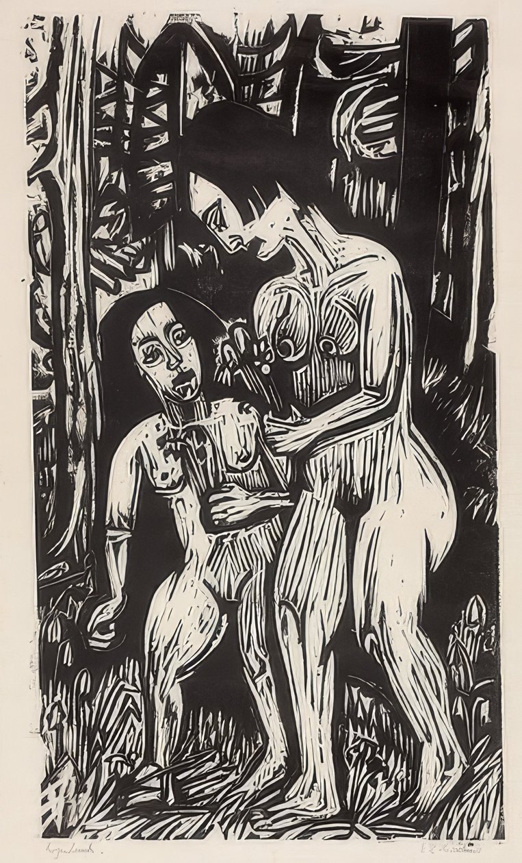 Zwei nackte Mädchen mit Blumen im Walde von Ernst Ludwig Kirchner