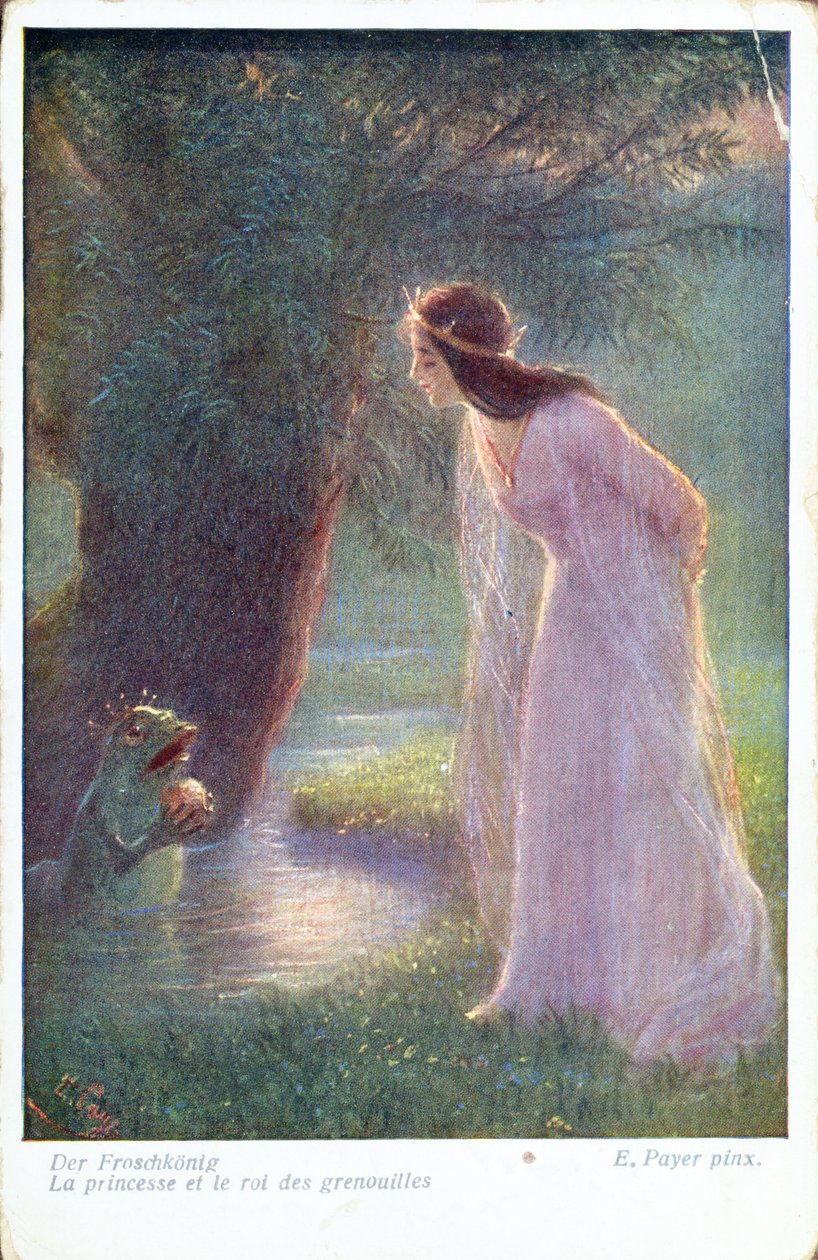 Der Froschkönig gibt der Prinzessin den goldenen Ball, den er im Teich gefunden hat. (Frühes 20. Jahrhundert) von Ernst Payer