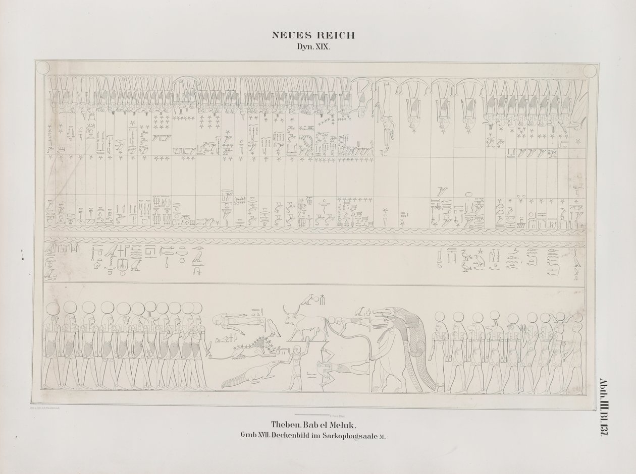 Zeichnung des Deckenbildes in der Sarkophaghalle, 19. Dynastie, Theben, Biban-el-Muluk, Neues Reich, Illustration aus "Denkmäler Ägyptens und Äthiopiens...", von Richard Lepsius von Ernst Weidenbach