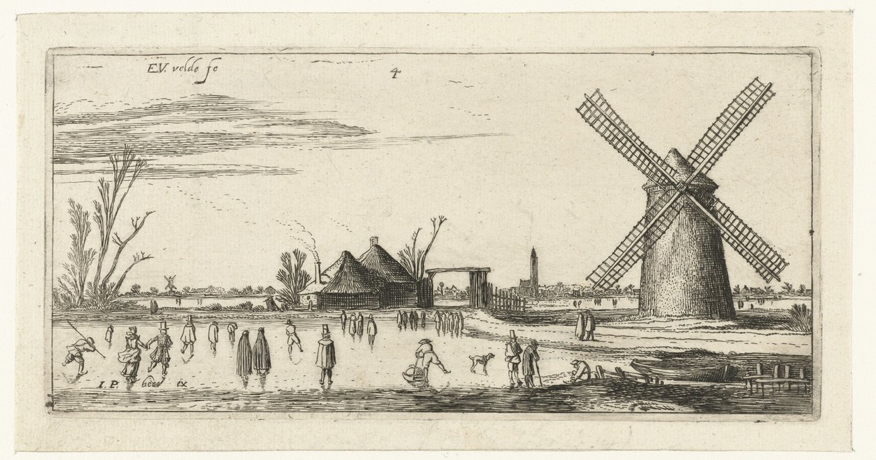 Schlittschuhläufer auf dem Eis bei einer Mühle in der Nähe von Penningsveer von Esaias van de Velde