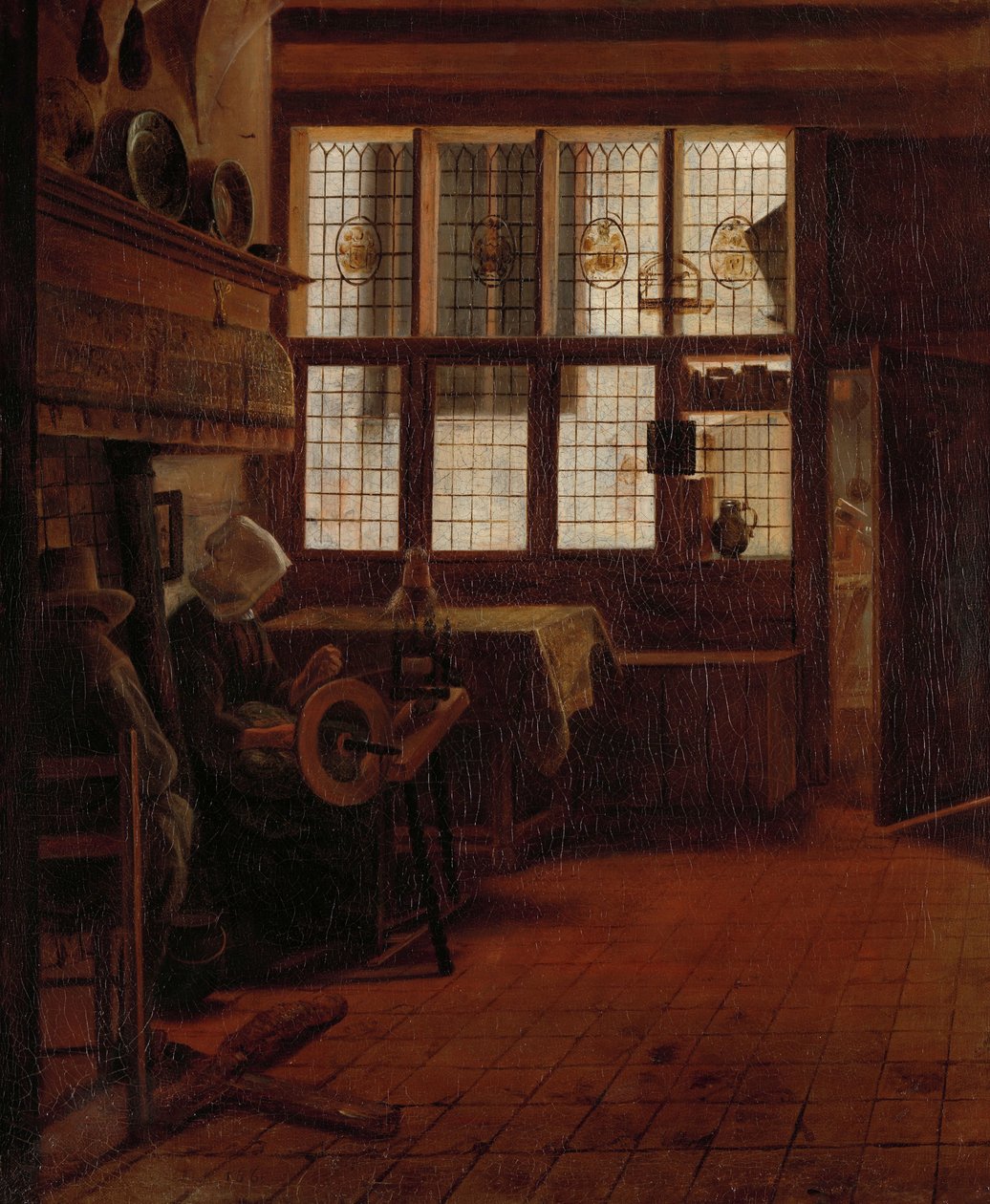 Innenraum mit Frau am Spinnrad von Esaias Boursse