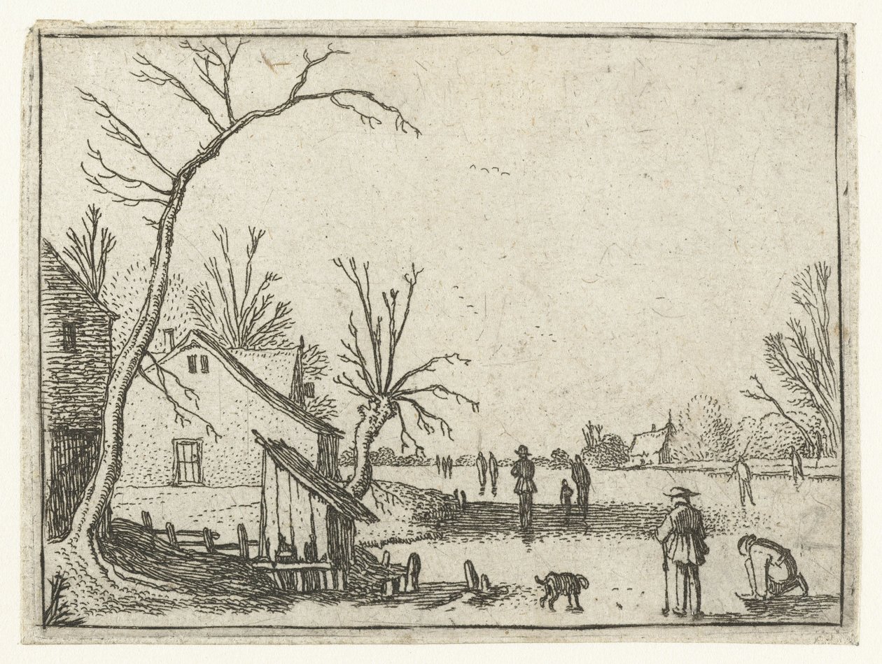Bauernhof bei gefrorenem Fluss und Schlittschuhläufer auf dem Eis von Esaias van de Velde