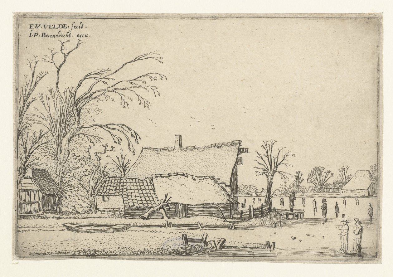 Bauernhof bei gefrorenem Fluss mit Schlittschuhläufern von Esaias van de Velde