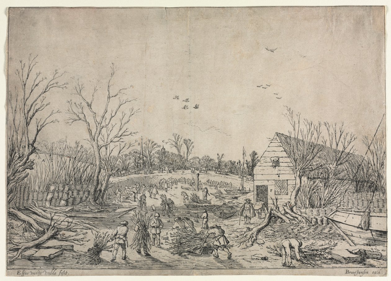 Die große Flut vom 10. Januar 1624 (oder Reparatur des gebrochenen Deichs am Fluss Lek bei Vianen, 1624) von Esaias van de Velde