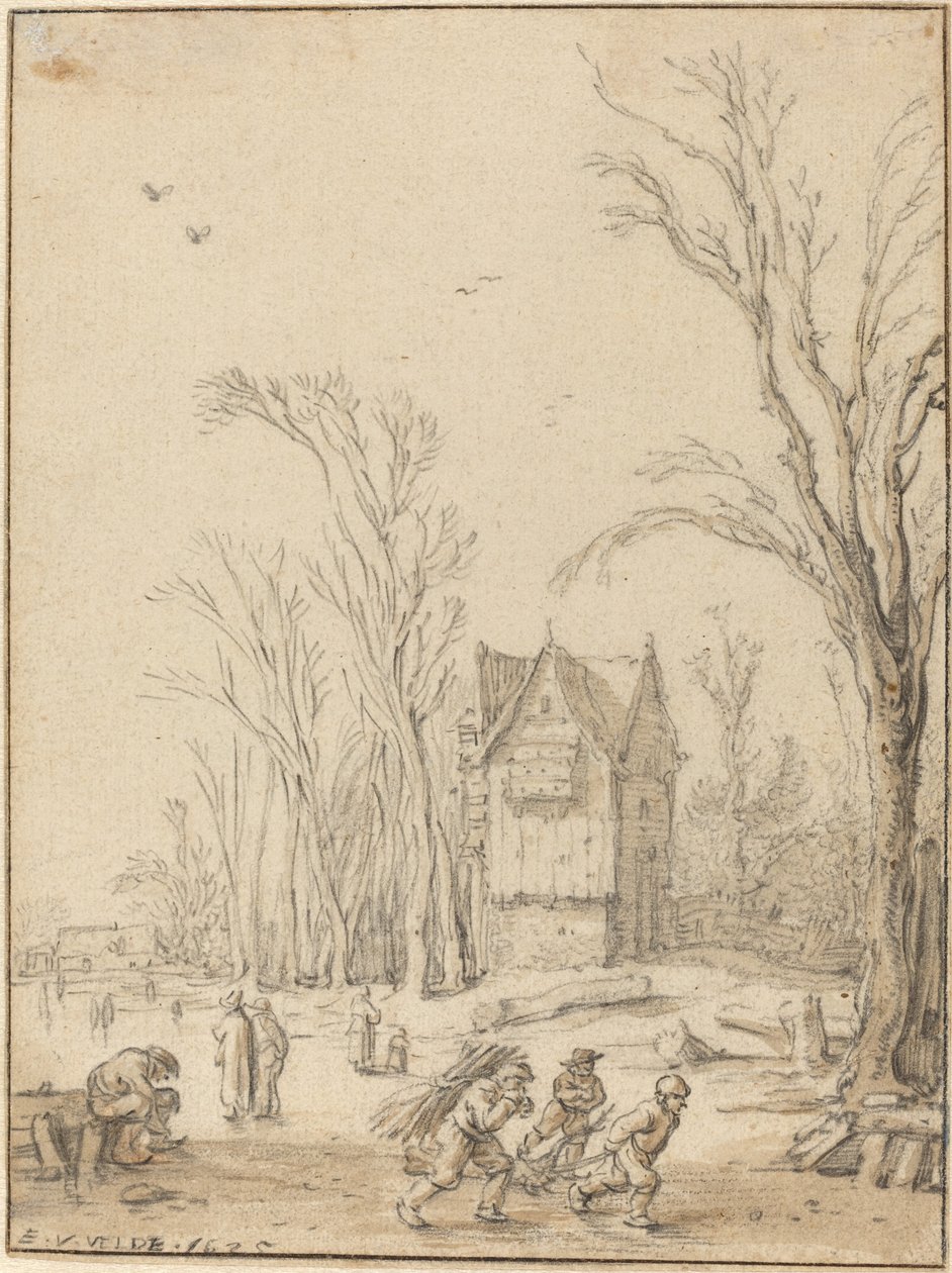 Dorfbewohner beim Schlittschuhlaufen auf einem zugefrorenen Teich von Esaias van de Velde