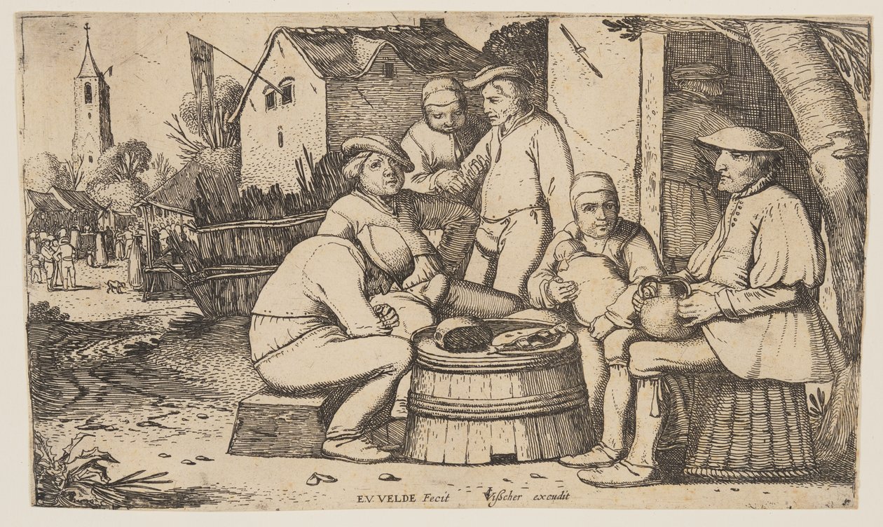Sechs Bauern benutzen ein Fass als Tisch von Esaias van den Velde I