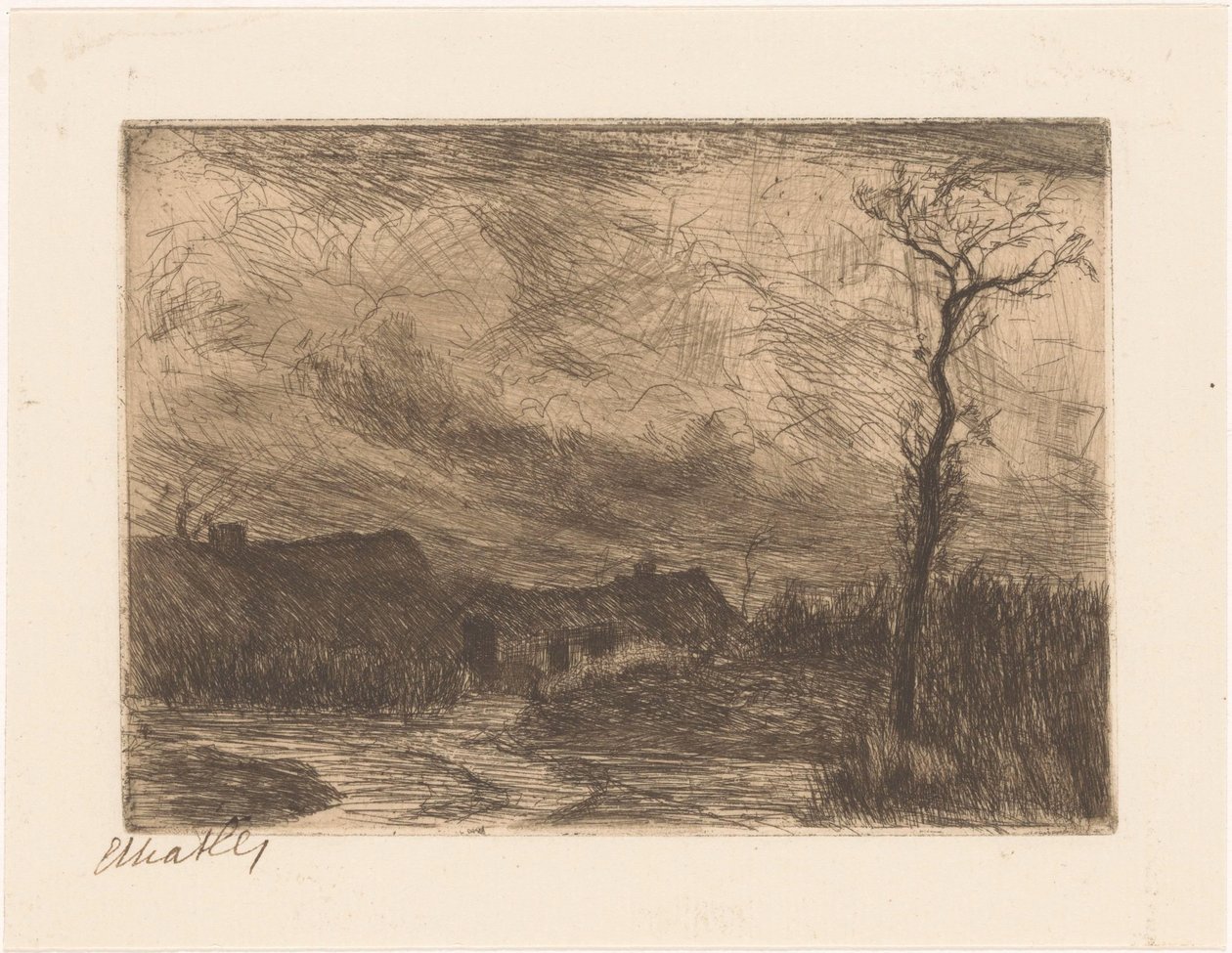 Häuser unter schwerer Wolkendecke von Etha Fles (signed by artist)