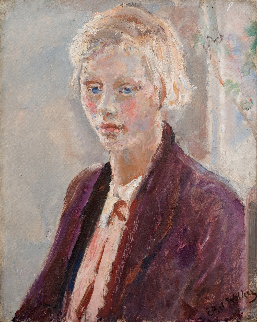 Blondes Mädchen in einer lila Jacke, ca. 1935 von Ethel Walker
