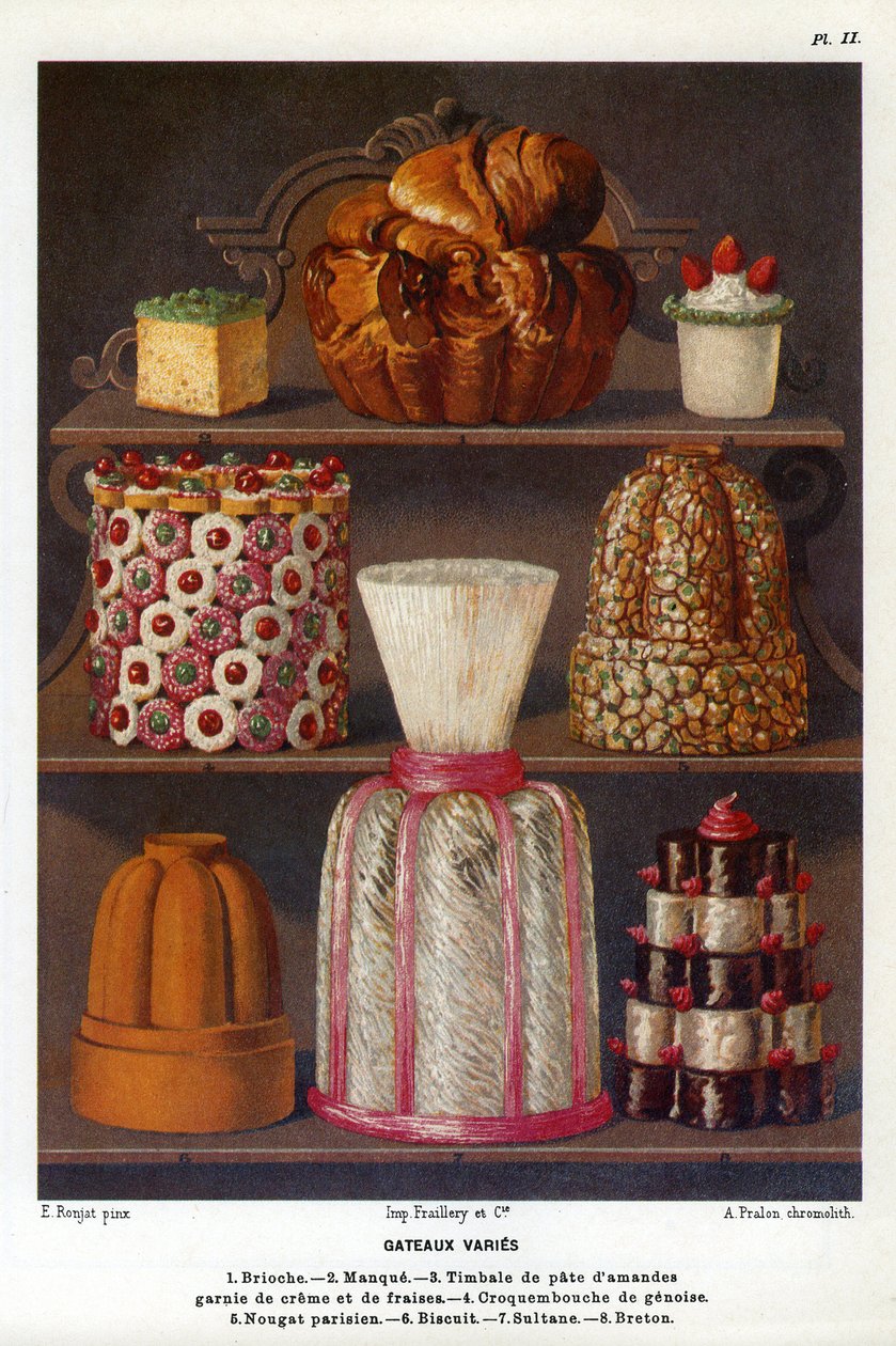 Verschiedene Kuchen: Brioche, Lack, Mandelpastete mit Sahne und Erdbeeren, Croquenbouche de Genoise, Pariser Nougat, Biskuit, Sultane, Breton - Tafel Nr. 2 aus dem Patisserie-Buch von Jules Gouffe, Offizier de bouche du Jockey-Club de Paris von Etienne (after) Ronjat