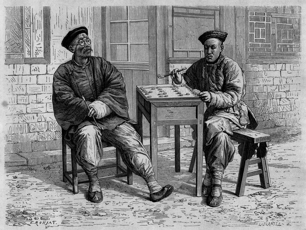 Go-Spieler in den Straßen von Peking (Beijing) im 19. Jahrhundert. Gravur nach einer Zeichnung von Ronjat, nach einem Foto von Doktor Morache, in "Le Tour du Monde, Nouveau journal des Voyages", herausgegeben von Edouard Charton, Paris von Etienne Antoine Eugene Ronjat