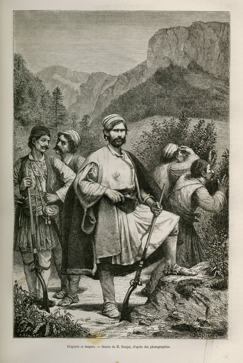 Griechische Banditen und Hirten, Komplizen in den Bergen, Zeichnung von E. Ronjat, zur Illustration der Geschichte von Henri Belle: Reise nach Griechenland von Etienne Antoine Eugene Ronjat