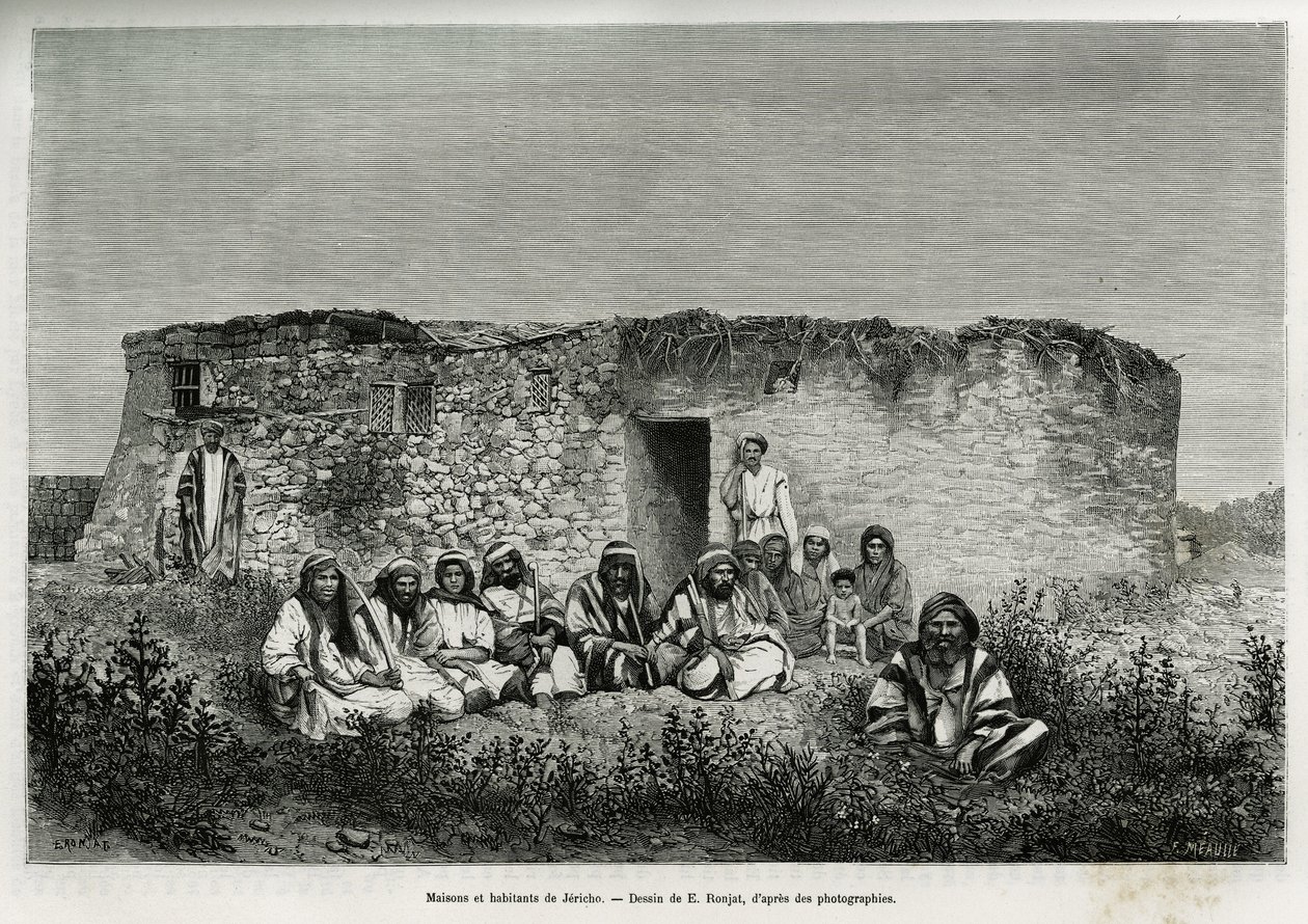 Häuser und Bewohner von Jericho (Westjordanland). Gravur von E. Ronjat, zur Illustration der Geschichte Syrien heute, von M. Lortet, Dekan der Medizinischen Fakultät von Lyon, beauftragt mit einer wissenschaftlichen Mission durch das Bildungsministerium, v von Etienne Antoine Eugene Ronjat