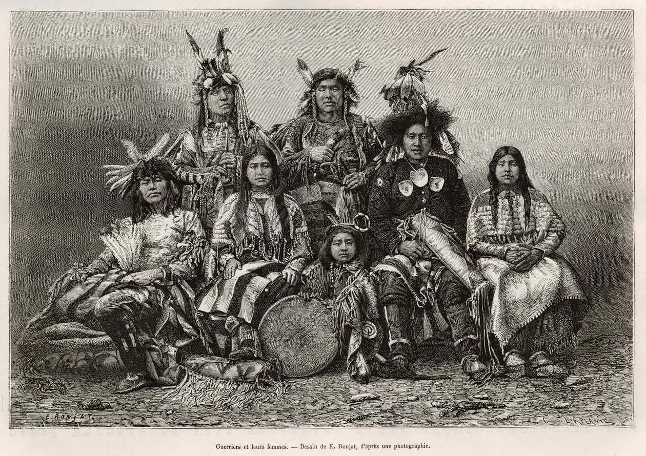 Indische Krieger und ihre Frauen (Texas). Gravur nach der Zeichnung von E. Ronjat, zur Illustration der Geschichte „La conquete blanche“, von William Hepworth Dixon, 1875, veröffentlicht in „Le tour du monde“ 1876, herausgegeben von Edouard Charton, Hachet von Etienne Antoine Eugene Ronjat