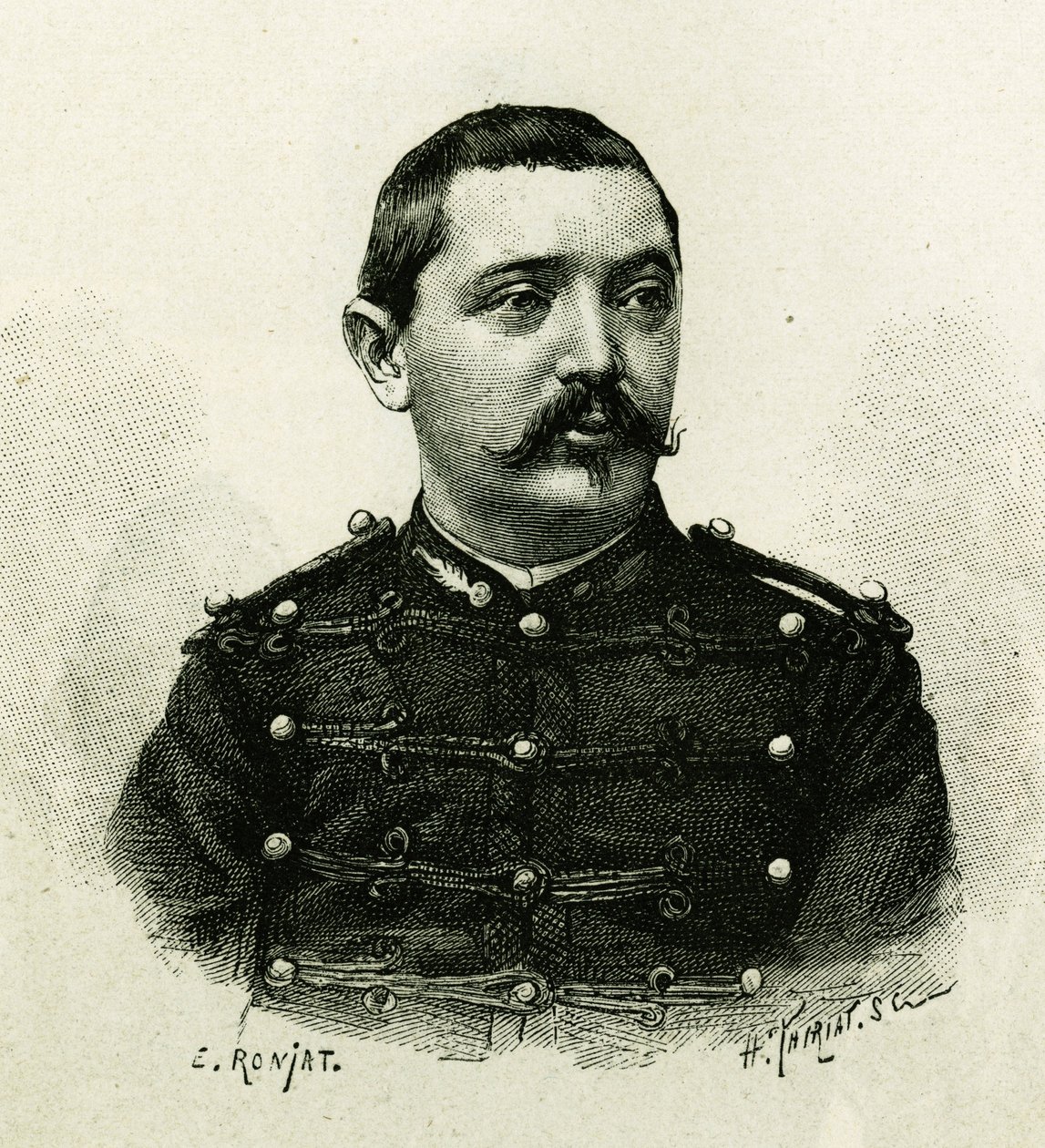 Porträt von Kapitän Pietri, der Marineartillerie, während der Expedition nach Afrika 1879-1882, unter dem Kommando von Gallieni. Gravur von E. Ronjat, nach einem Foto, zur Illustration der Geschichte „Exploration du Haut Niger (Oberer Niger)“ (heutiges Mal von Etienne Antoine Eugene Ronjat