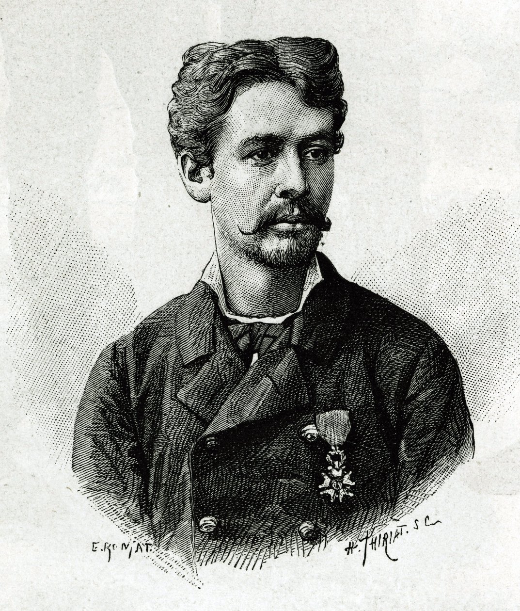Porträt von Doktor Tautain, während der Expedition nach Afrika 1879-1882, unter dem Kommando von Gallieni. Gravur von E. Ronjat, nach einem Foto, zur Illustration der Geschichte „Exploration des oberen Niger“ (heutiges Mali) von Kommandant Joseph Gallieni von Etienne Antoine Eugene Ronjat