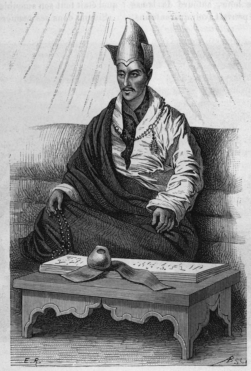 Porträt von "Khutukcha", einem hohen Priester Tibets in den Jahren 1870-1880. Gravur nach einer Zeichnung von Ronjat, in "Le Tour du Monde, Nouveau journal des Voyages", herausgegeben von Edouard Charton, Paris von Etienne Antoine Eugene Ronjat