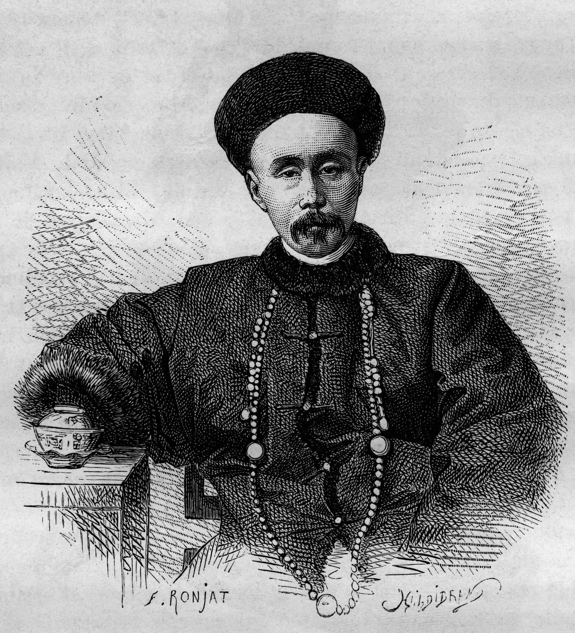 Porträt von Li Hongzhang (1832-1901), chinesischer General und Vizekönig von Zhili von 1871 bis 1895 und von 1900 bis 1901. Gravur nach einer Zeichnung von Ronjat, nach einem Foto von Thomson, in "Le Tour du Monde, Nouveau journal des Voyages", herausgegeb von Etienne Antoine Eugene Ronjat