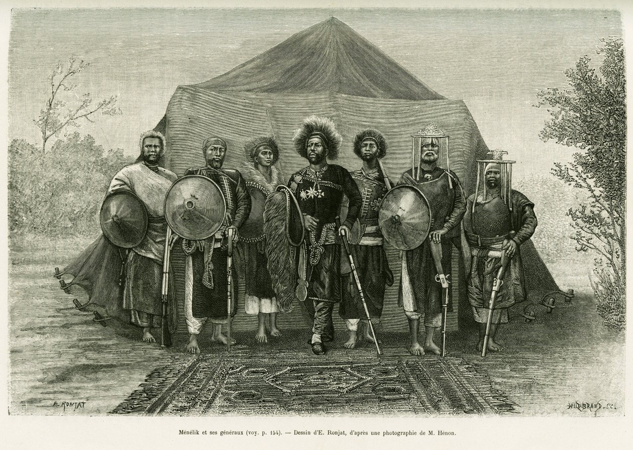 Porträt von Prinz Menelik II. von Äthiopien (1844-1913), umgeben von seinen Generälen. Gravur von Ronjat, nach einem Foto, zur Illustration der Geschichte „Reise nach Choa (Südliches Abessinien)“ von Etienne Antoine Eugene Ronjat