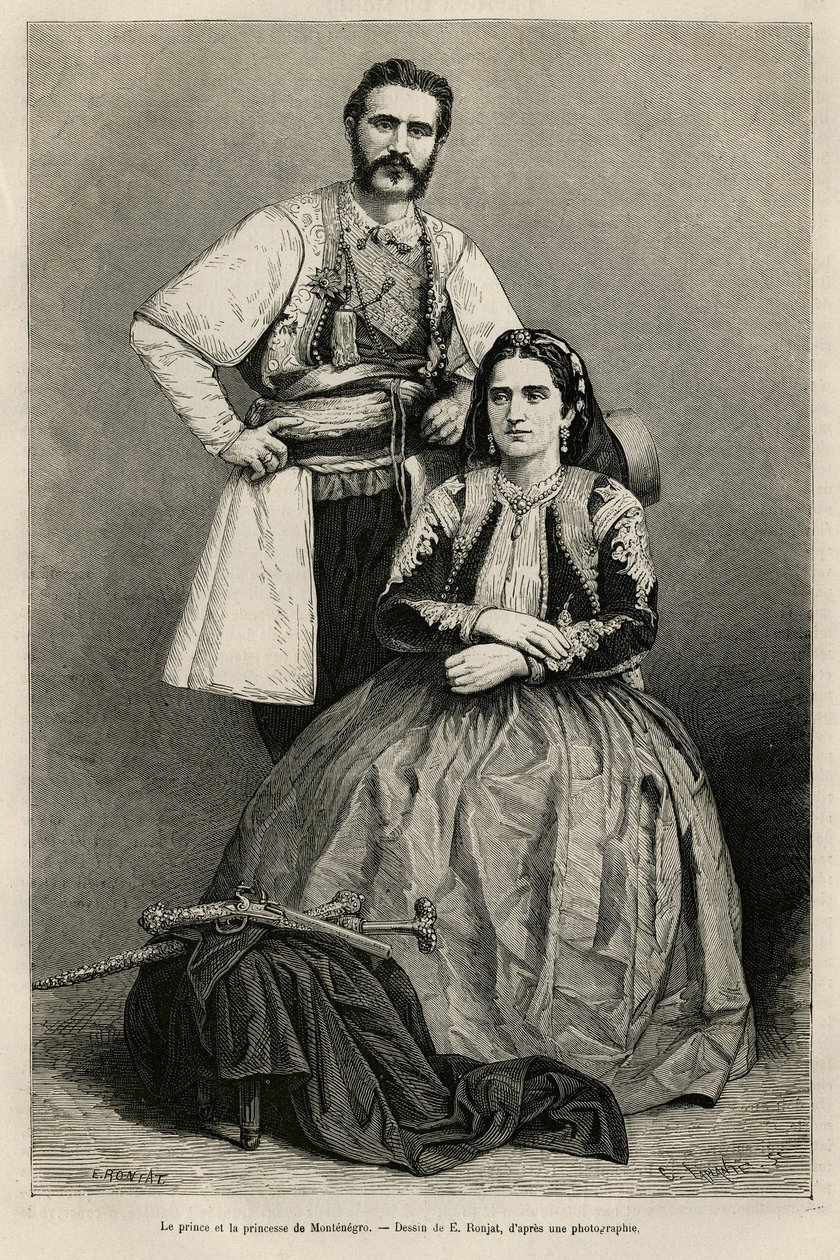 Porträts des Prinzen von Montenegro Nikolaus I. Petrovicz Niegosch (1841-1921) und seiner Frau Milena, geb. Voukovich (1847-1923), Zeichnung von E. Ronjat, zur Illustration der Reise nach Montenegro, 1874, von Charles Yriarte (1832-1898). Gravur in Le tour von Etienne Antoine Eugene Ronjat