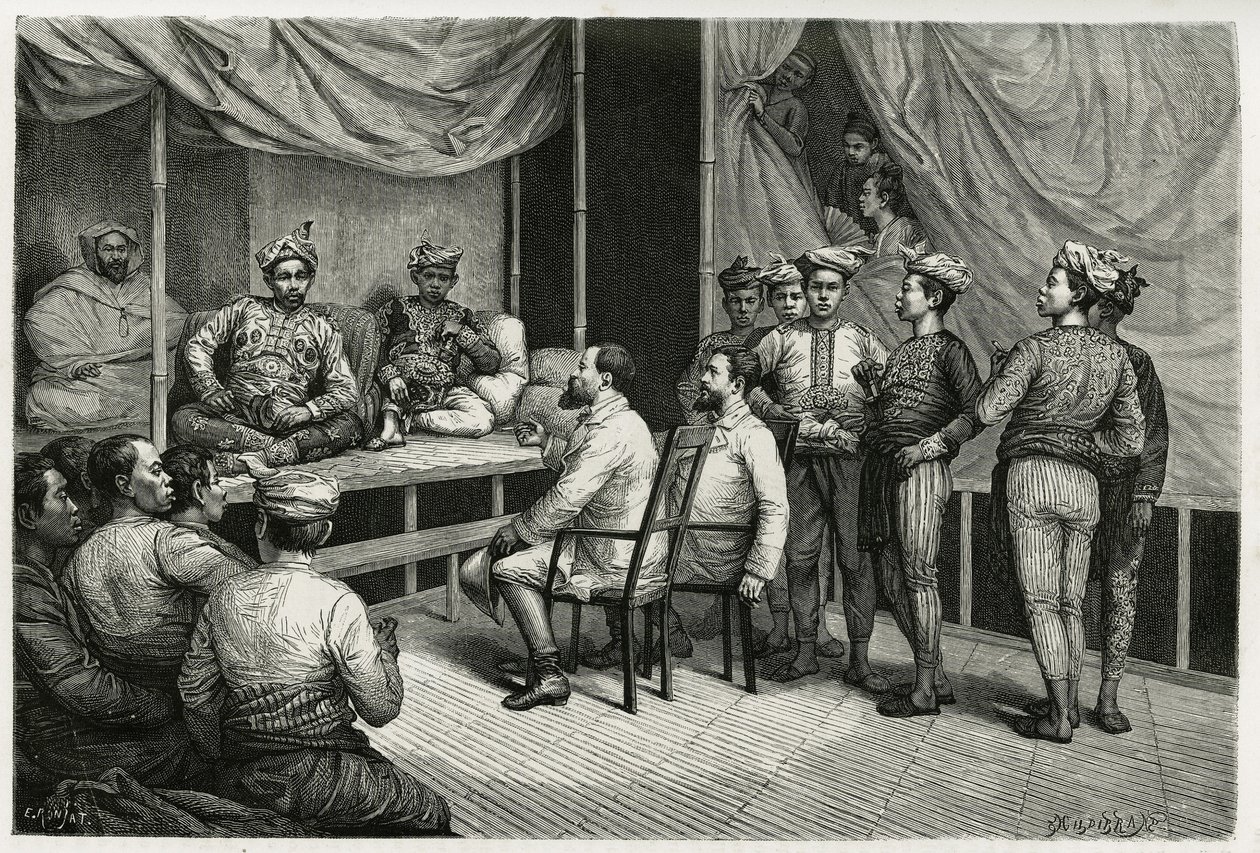 Empfang der Reisenden im Palast des Sultans von Soulou (oder Sulu) (Archipel der Philippinen), Mohammed Yamalul Alam. Gravur von E. Ronjat, zur Illustration der Geschichte 