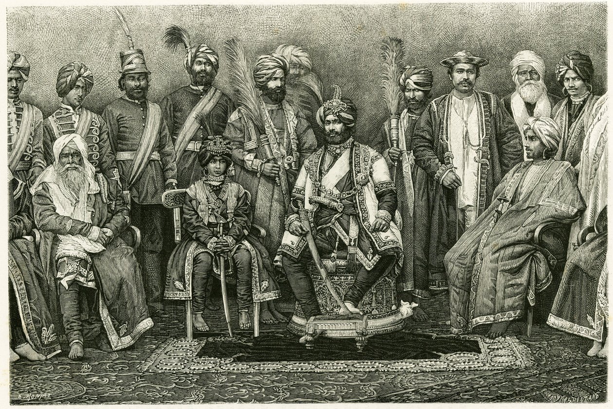 Der Maharadscha von Kaschmir, Rambhir Sing und sein Hof. Gravur von E. Ronjat, zur Illustration der Geschichte „Porträt einer Pariserin im westlichen Himalaya“, 1881, von Marie de Ujfalvy-Bourdon. Veröffentlicht in der Tour du monde, 2. Semester. von Etienne Antoine Eugene Ronjat