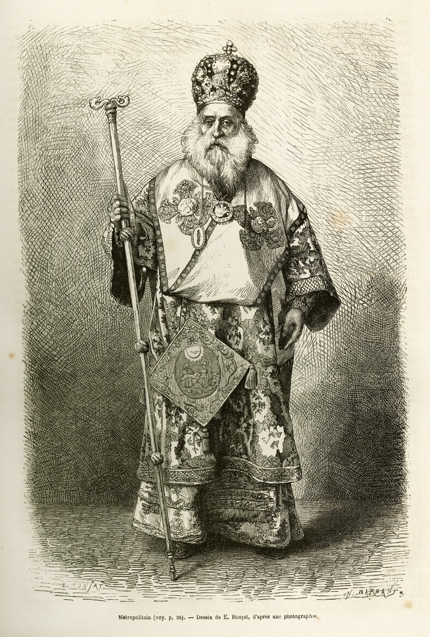 Der Metropolit der neuen Kathedrale von Athen. Gravur nach der Zeichnung von E. Ronjat, um die Reise nach Griechenland von Henri Belle in 1861-1868-1874 zu illustrieren, veröffentlicht in "Le tour du monde" 1876, herausgegeben von Edouard Charton, Hachette von Etienne Antoine Eugene Ronjat