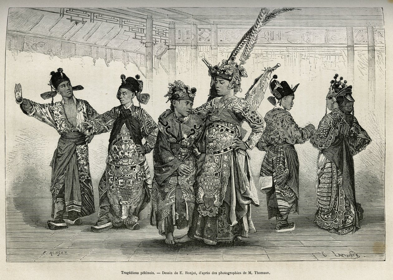 Tragödienschauspieler eines Pekinger Theaters, spezialisiert auf historische und mythologische Dramen. Gravur nach der Zeichnung von E. Ronjat, zur Illustration der Reise nach Peking und Nordchina, von T. Choutze, 1873, veröffentlicht in „Le tour du monde“ von Etienne Antoine Eugene Ronjat