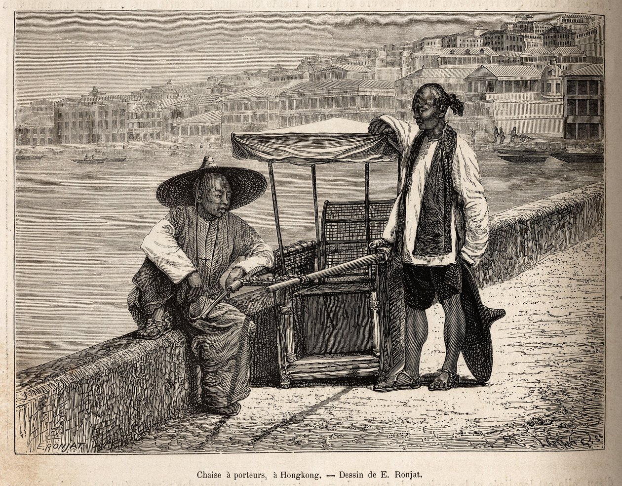 Zwei Träger ruhen sich neben ihrem Rollstuhl in Hongkong aus, Gravur nach einer Zeichnung von E. Ronjat zur Illustration der Reise nach China, von J. Thompson, 1870-1872, veröffentlicht in „Le tour du monde“ 1875, herausgegeben von Edouard Charton, Hachett von Etienne Antoine Eugene Ronjat