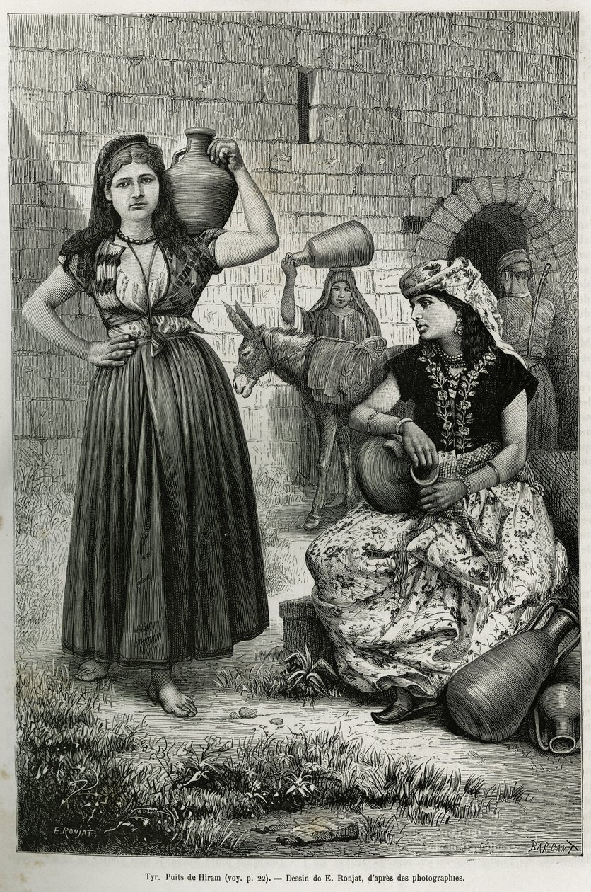 Frauen tragen Krüge, in der Nähe des Brunnens von Hiram in Tyrus. Gravur von E. Ronjat, um die Geschichte La Syrie d