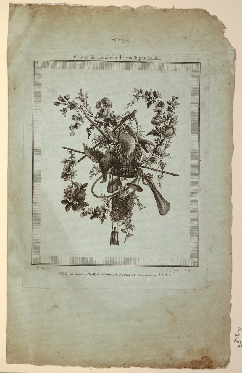 Trophäe mit Jagdgeräten, Platte 1 aus "Suite de Trophées de chasse," Suite VI von Etienne Claude Voysard