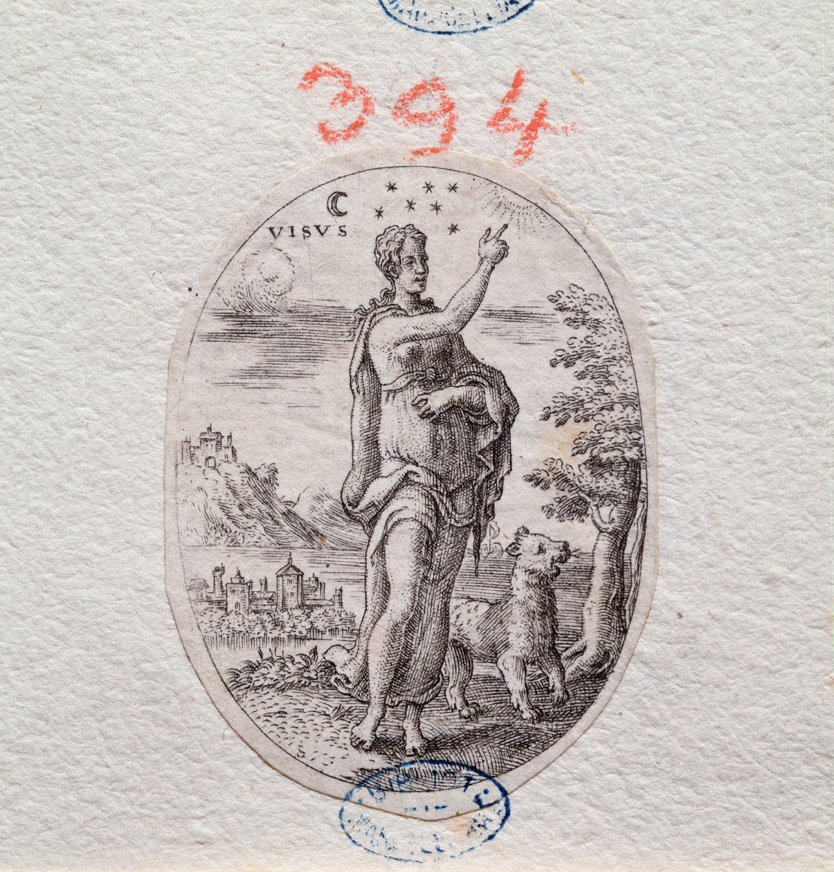 Allegorie des Sehens, eine Frau zeigt den Himmel (Gravur) von Etienne Delaune