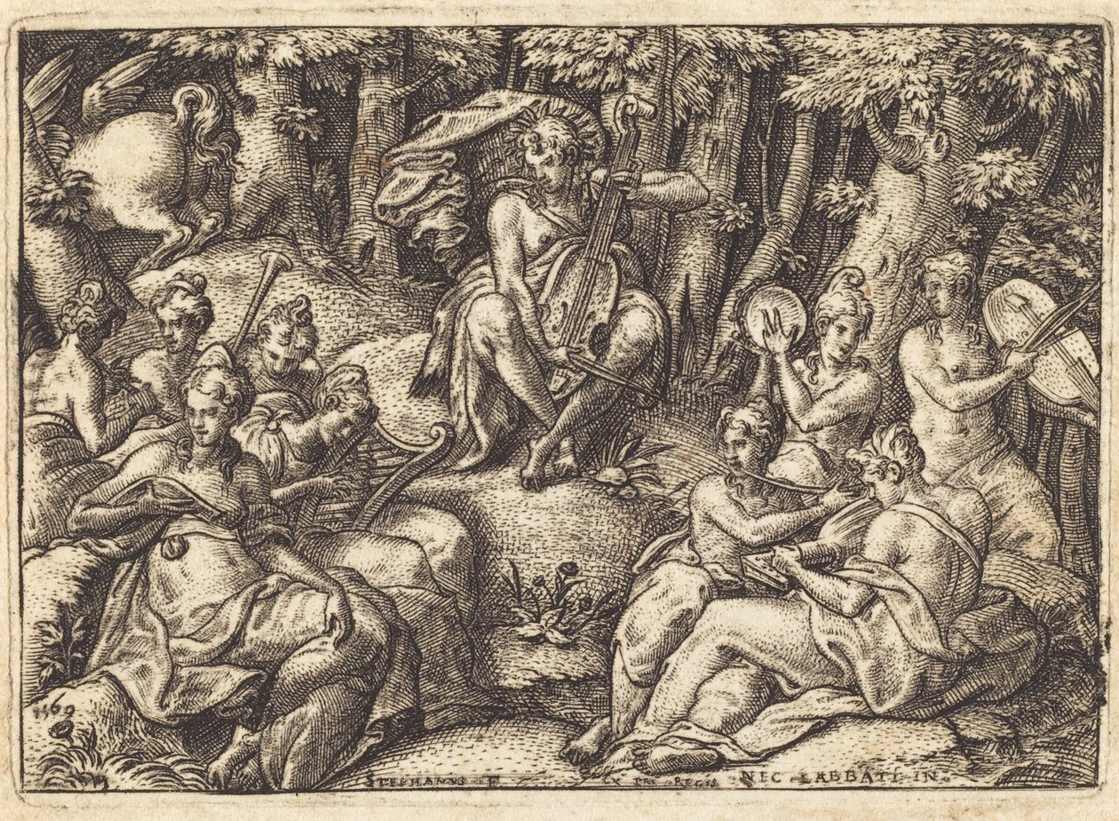 Apollo auf dem Berg Parnass von Etienne Delaune after Niccolò dell