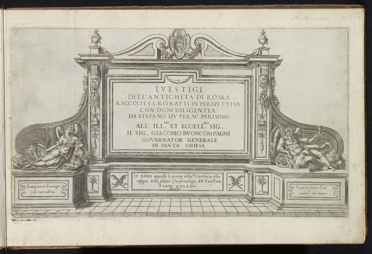 Titelblatt mit einem Denkmal mit Titel, flankiert von Ruhm und Vater Zeit von Etienne Duperac