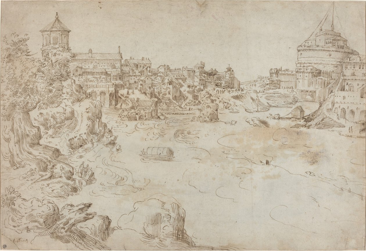 Ansicht der Engelsburg und des Ospedale di Santo Spirito [recto] von Etienne Duperac